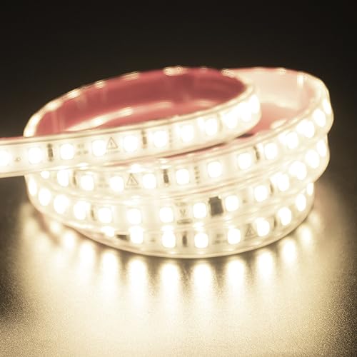 Image of LED Strip Lights Waterproof White LED Strip AC 110V Rope Light 3 Meter with US Plug 9.84 Feet Outdoor Lights 120 LEDs /M Adhesive Tape Lighting 4000K for Bedroom Under Cabinet Lighting