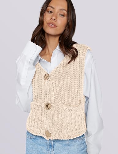 Image of UEU Womens Chunky Sweater Vest Button Down Sleeveless Cardigan V Neck Crop Crochet Knit Tops 2025 Fashion Trendy Clothes