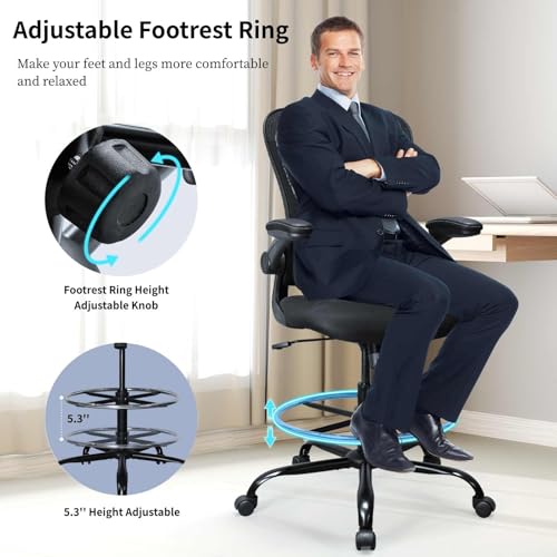 Image of Drafting Chair, Ergonomic Tall Office Chair for Standing Desk, Counter Height Desk Chair with Adjustable Padded Armrests and Footrest Ring Standing Desk Chair Adjustable Height with Lumbar Support