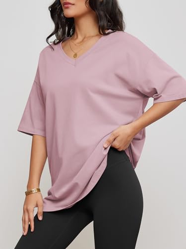 Image of ATHMILE Womens Oversized Shirts V Neck Plus Size Spring Workout Summer Tops Beach Vacation 2026 Gym Clothes Basic Tee