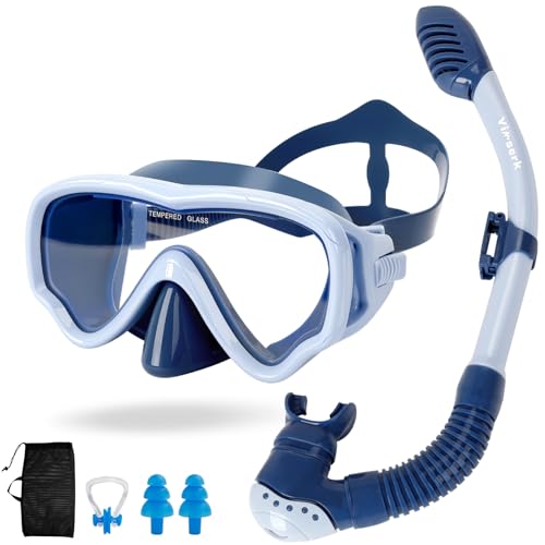Kids Snorkel Set for Ages 6-14, Anti-Fog Snorkel Mask with Dry-Top Tube, Panoramic Tempered Glass Lens, Silicone Skirt, Mesh Bag – Snorkeling Gear for Boys & Girls Swimming, Diving (Blue)