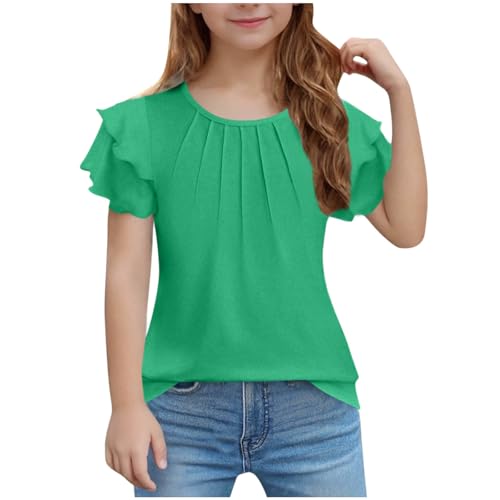 Girls T Shirts Ruffle Short Sleeve Tee Tops Summer Solid Color Casual Pleated Loose Blouse