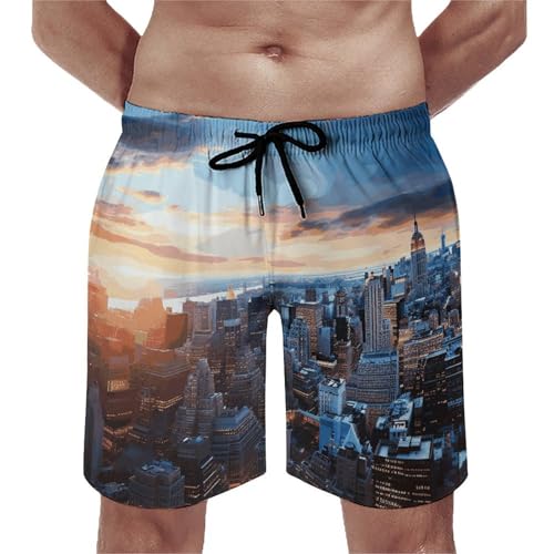 Men's New York City Skyline Swim Trunks, Quick-Dry Beach Shorts, Bathing Suit with Mesh Lining and Pocket S White