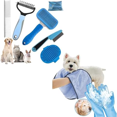 6 PCS Dog Brush for Shedding and 2 PCS Dog Washing Gloves - Quick Drying Dog Towel for All Small Large Dogs Cats Blue Cover