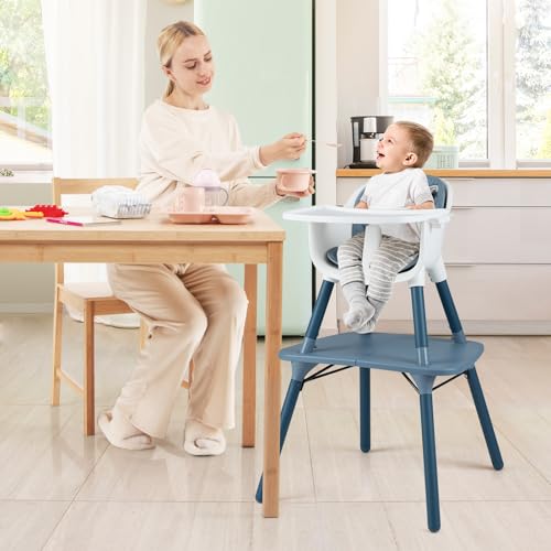 Image of HONEY JOY 5-in-1 High Chair, Convertible Highchair for Babies and Toddlers /Kids Chair Table Set /Infant Feeding Chair w /Safety Harness, PU Leather Cushion & Removable Food Tray (Blue)