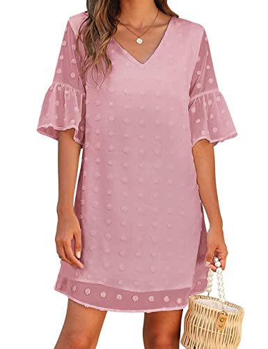 Image of Blooming Jelly Womens White Dresses Short Sleeve V Neck Ruffle Cute Sun Dress Chiffon Flowy Shift Mini Dress