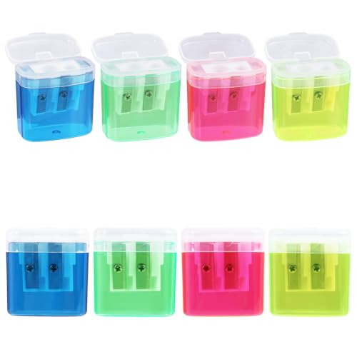 8 Stück Anspitzer mit Behälter 4 Farben, Bleistiftspitzer mit Doppelloch für dicke und dünne Stifte, idealer Spitzer für Kinder, Schule, Büro, auch als Pencil Sharpener für Linkshänder