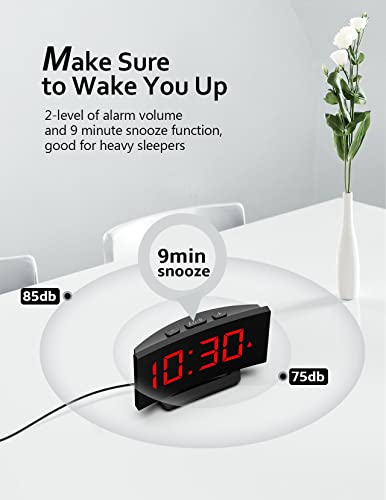 Digital Alarm Clock For Bedroom, Digital Clock With Modern Curved Design, Conspicuous Red Led Numbers, 5 Levels Brightness+Off, 2 Volume, 3 Alarm Tones, Snooze, Power-Off Memory, 12/24H, Bedside Clock #TOP5
