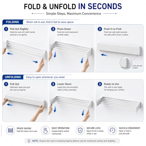 Image of Smart Saver Wall Mounted Drying Collapsible Rack, Clothes Drying Rack, Retractable Wall Drying Rack, 80cm Wide, 4 Aluminum Rods, 28 kg Capacity White