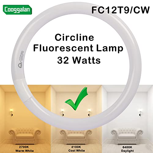 Cooggalan Fc12T9/Cw 32W Cool White Round Light Bulb, 12 Inch T9 32 Watt Circular Fluorescent Lamp Replacement For Circline Ceiling Fixtures Bulbs, 2200 Lumens, 4100K, G10Q 4 Pin Base, 2 Pack #TOP4