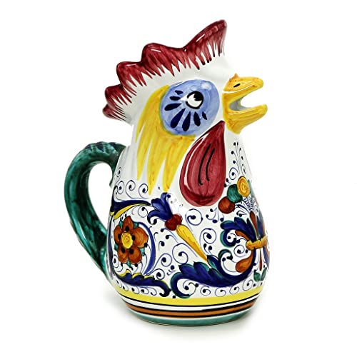 RICCO DERUTA DELUXE: Rooster of Fortune pitcher [013-RIC] ~ Authentic hand painted in Deruta, Italy. Original design. Shipped from the USA with Certificate of Authenticity.