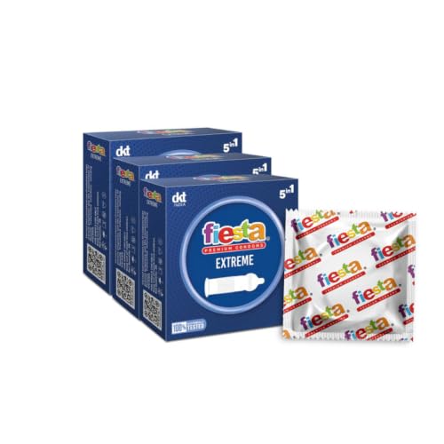 Image of Fiesta Extreme Condoms for Men (9 Pcs) | Pack of 3 x 3 each | 5in1 Features - Ribbed, Dotted, Flared, Contoured & Transparent for Natural Sensation | Lubricated Condoms | Blue Berry Flavour Condom