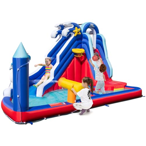COSTWAY Castillo Hinchable Grande, 6 en 1 Castillo Hinchable Acuatico, Seco y Agua, Castillo Hinchable para Niños 3-10 Años, Insuflavel Criança Interior Exterior, 413 x 300 x 235 cm (sin soplador)