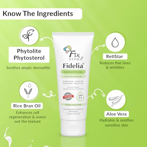 Image of Fixderma Fidelia Nourishing Body Lotion | Moisturizer for face & Body | Body lotion for Women & Men | Body Lotion for Sensitive & Very dry skin with Rice Brain Oil & Aloe vera - 100Ml