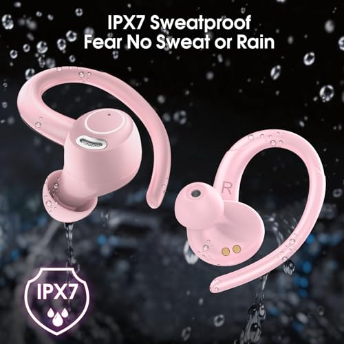 Image of Wireless Earbuds Bluetooth 5.3 Headphones Sports, 48H Earphone with ENC Mic, Stereo Deep Bass Bluetooth Earbuds with Secure Earhooks, LED Display, IPX7 Waterproof Over Ear Bud for Running /Workout Rose