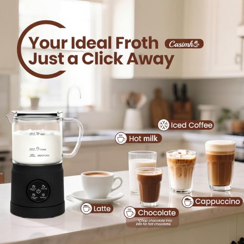 Image of Casimhu 4-in-1 Milk Frother, Electric Milk Frother and Steamer with LED Touch Screen, Ceramic Lining Bottom, Milk Warmer 13.52oz for Lattes, Cappuccinos, and Macchiatos at Home (Black)
