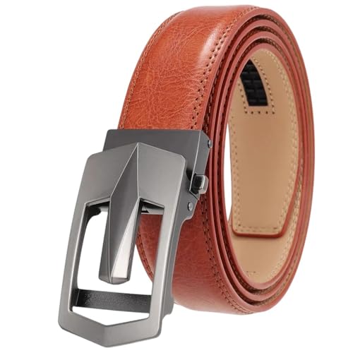 Men's Trimable Casual Automatic Buckle Genuine Leather Belt Red Brown 125cm
