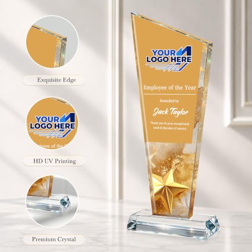 Image of Custom Crystal Trophy Award Personalized Plaque Award with Text Logo Photo Awards Trophies for Employee Recognition Team Graduation Personalized Office Gifts for Boss Coworker Teacher