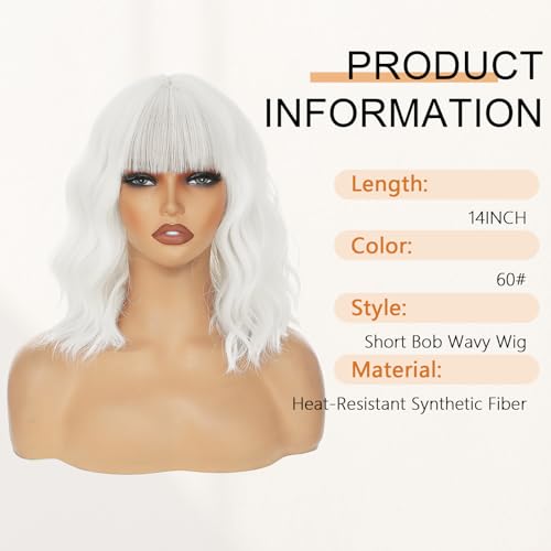 Image of AGO White Wavy Wig with Bangs,Short Curly Bob Wig Shoulder Length 14Inch Synthetic Hair for Women Girl Heat Resistant Synthetic Colorful Wigs for Daily Party Halloween Cosplay Use(60#White)