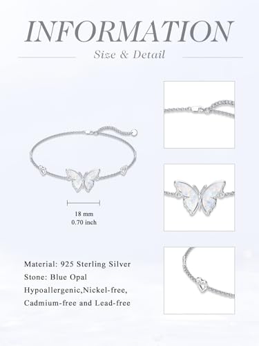 Image of WINNICACA 925 Sterling Silver Anklets for Women Adjustable Beaded Butterfly Opal Anklet Bracelet Foot Chains Jewelry Gifts for Women Beach Birthday Christmas Gift