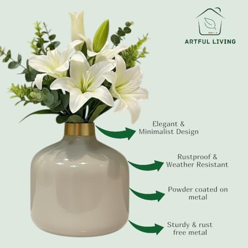 Image of Artful Living India - Round Metal Flower Vase | Round Vintage Vase for Living Room, Table, Office Decoration & Home Decor | Antique Decorative Metal Vase (Cool Grey)