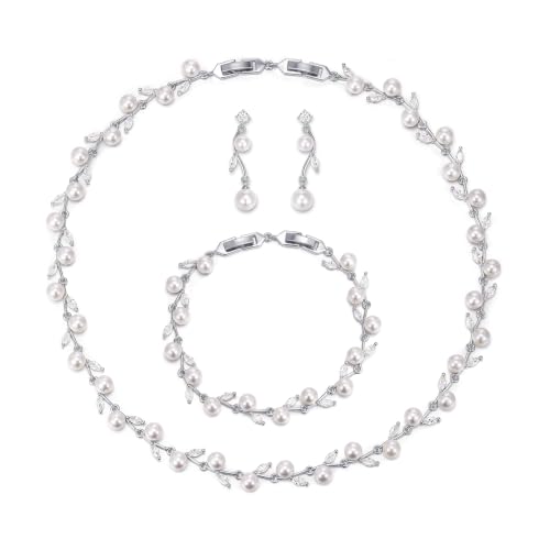 Image of EVER FAITH Cubic Zirconia Pearl Leaf Bridal Jewelry Set for Bride Women
