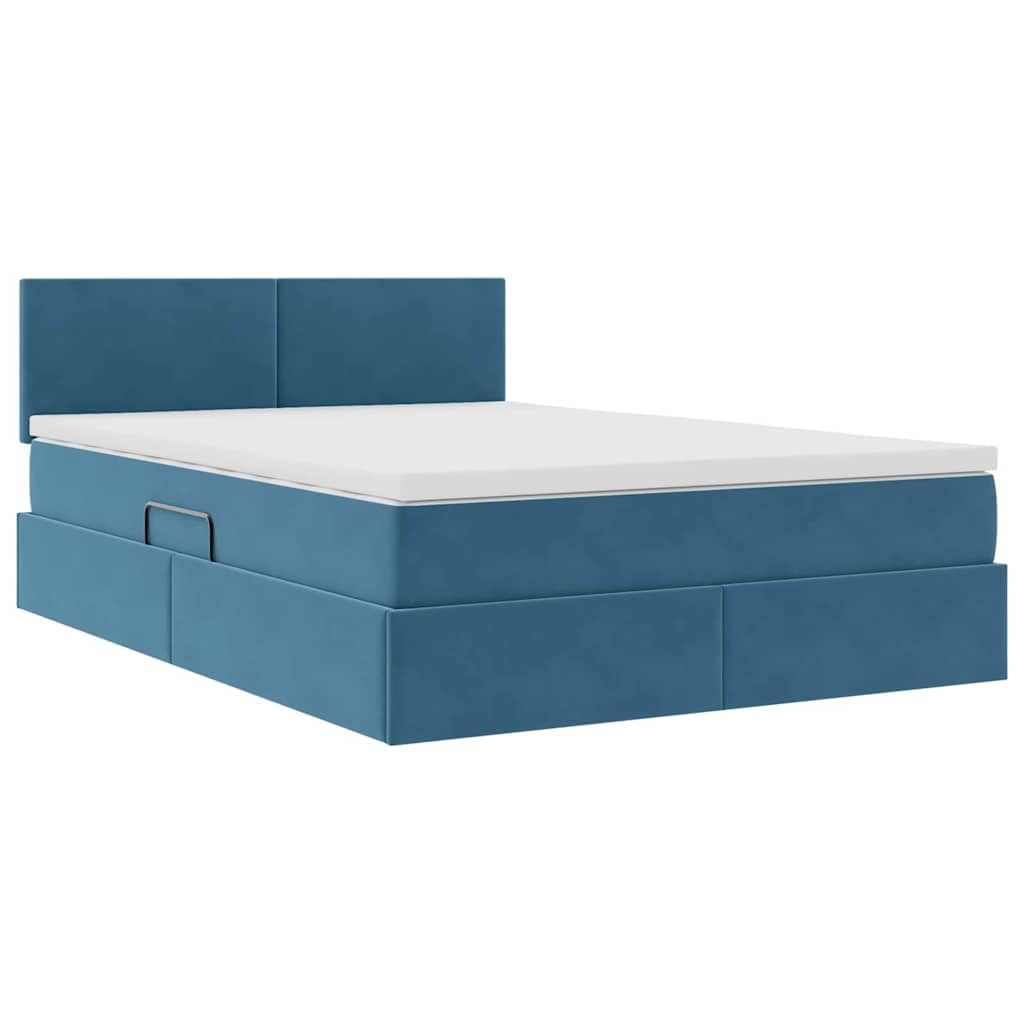 Cama canapé tapizada Azul Oscuro de Terciopelo 140 x 200 cm con almacenaje elevable, cabecero, somier de láminas, Estructura de Metal y colchón para Dormitorio Moderno, 2 plazas