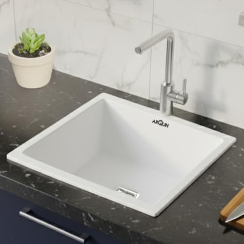 Image of ARQUIN Quartz Sink 18x16x9 Inch White | Single Bowl Sink | Durable & Scratch-Resistant | Undermount /Topmount Including Coupling, Waste Pipe & Fruit Washing Basket