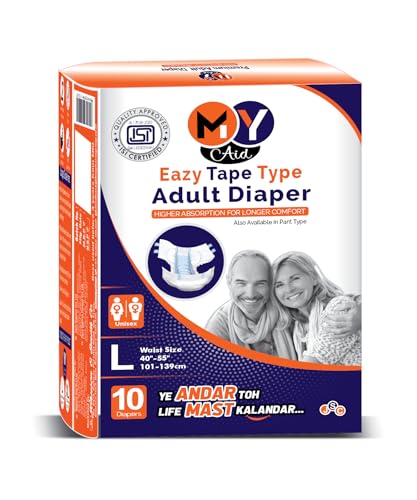 Image of Premium Unisex Eazy Tape Style Easy Adult Diapers With Wetness Indicator, Fast Absorption, Leakproof, Odour Lock & Anti-Bacterial | Large Size | 10 Count (Pack of 1)