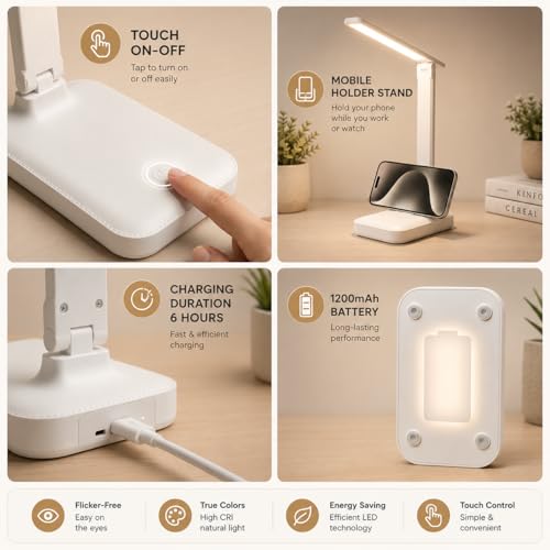 Image of FLYNGO LED Study Table Desk Lamp with Phone Holder, Rechargeable Touch On /Off Lamp for Studying (L83)