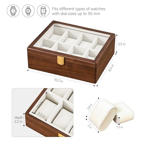 Image of Solid Black Walnut Watch Box, 8 Slot Wooden Watch Organizer with Glass Lid, High-End Watch Display Case Jewelry Storage Box, Gift for Husband, Dad, Birthday, Anniversary, Father's Day, Men and Women