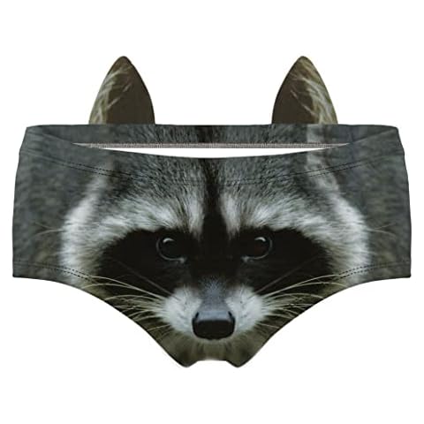 JINKAIJIA Women's Flirty Sexy Funny Naughty 3D Printed Animal Tail Underwears Briefs Gifts With Cute Ears, Raccoon0, XL Cover