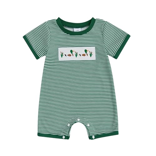 Image of Biayxms Newborn Baby Boy Girl Mallard Duck Outfits Romper Short Sleeve Duck One Piece Jumpsuit Overalls Hunting Baby Clothes