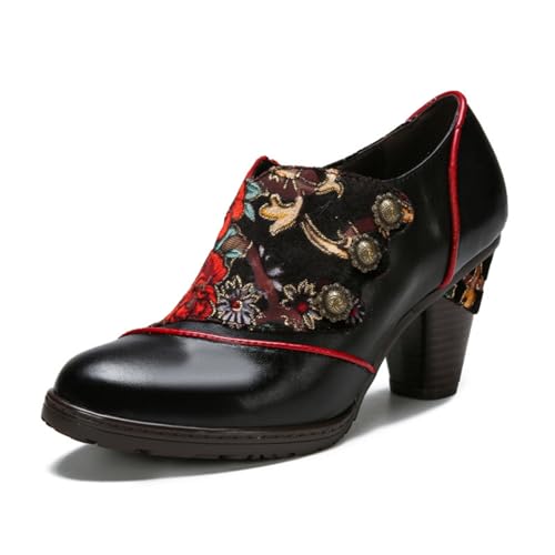 Bottines pour femme en cuir SOCOFY à talon bloc confortable style bohème
