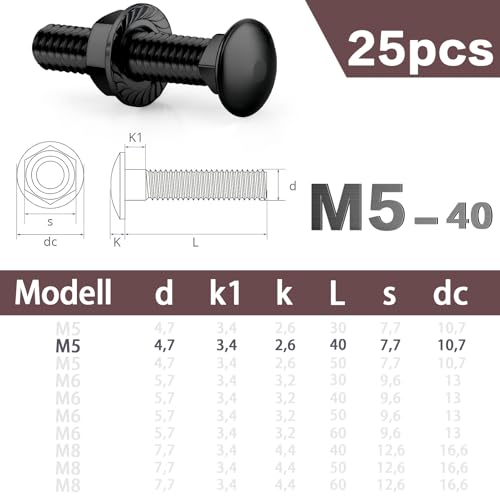 SWTYExt 25 Stück Schlossschrauben M5x40mm Schloßschrauben Edelstahl 304 Flachkopfschrauben Schwarz Oxid A2 mit Flanschmuttern M5 Mutter DIN 6923 Torbandschrauben für Bauwesen Industriemaschinen