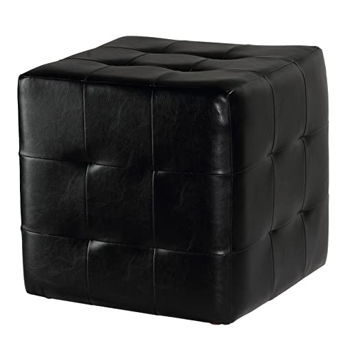 Cortesi Home Braque Black Tufted Cube Ottoman in Leather Like Vinyl