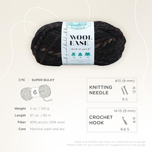 Image of Lion Brand Yarn Wool-Ease Thick & Quick Yarn, Soft and Bulky Yarn for Knitting, Crocheting, and Crafting, 1 Skein, Toasted Almond | Super Bulky Wool Acrylic Blend Fiber for Soft Hats, Sweaters, Chunky Blankets, Yarn for Crochet, Knitting, Crafts, Weaving