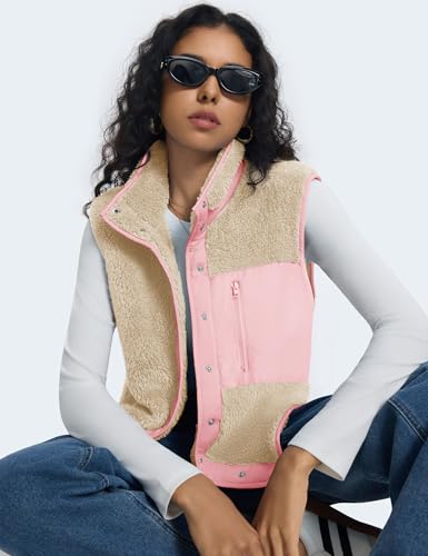 Kistore Fellweste Damen Teddy-Fleece Casual Leicht Stehkragen Lang Weste Outdoor Reißverschluss Gilets Damenweste(Apricot Rosa,XL)