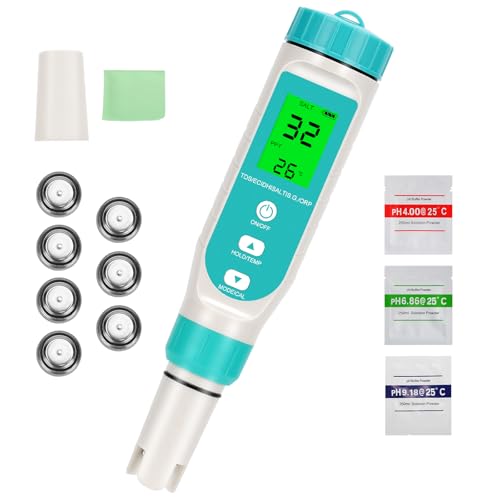 7 in 1 TDS Meter, Professional Digital Versatile Water Tester-TDS/EC/PH/Salt/S.G/OPR/Temperature, with Calibration Buffer Powder, for Drinking Water, Fish Tank, Hydroponics, laboratory, Pool, Aquarium