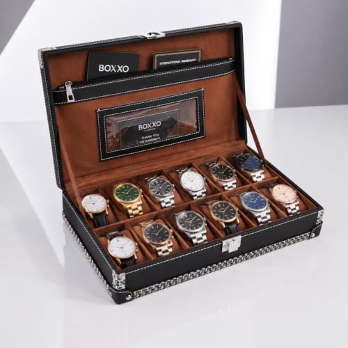 Image of BOXXO 12 Slot Watch Organizer Box for Men & Women - Premium PU Leather Watch Case with Black & Brown Finish, Soft Velvet Cushions & Glass Lid Display, Elegant Storage Box (34x20x8 cm) (Black /Brown)