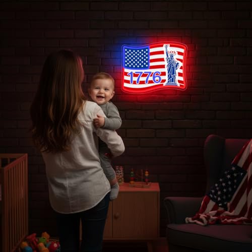 Image of 1776 USA Flag Neon Sign, Dimmable Statue of Liberty Patriotic LED Neon Lights for Wall Decor, 4th of July, Bedroom, Bar, Man Cave, Home, Garage, Christmas Birthday Party Gifts