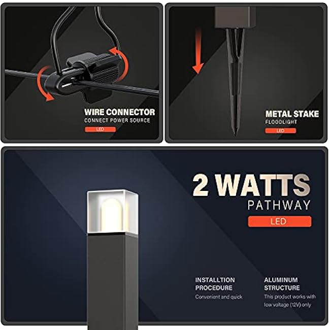 GOODSMANN Low Voltage Bollard Light 2 Watt LED Landscape Lighting 2700K Warm White Weatherproof Pathway Lights Bronze Outdoor Walkway & Sideway & Driveway Square Path Light with Cable Connector