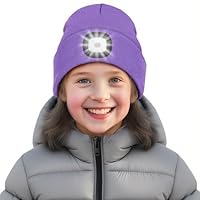 SPGOOD Wiederaufladbare mütze mit LED licht für Kinder, für Jungen und Mädchen, abnehmbare und waschbare warme beleuchtete mütze mit Lampe für den Winter im Freien(Taro Lila)