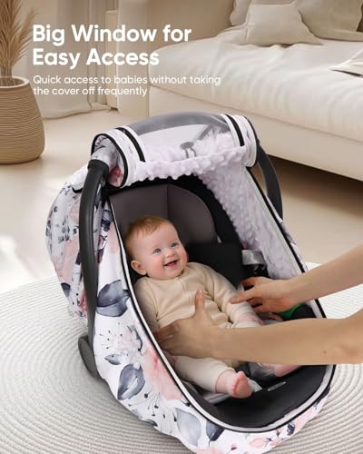 Image of Car Seat Cover Baby Girls, Infant Car Seat Canopy Outdoor, 2 Layers with Mesh and Sun Shade Window for Summer Winter, Easy Access Carseat Covers Snug Fit Baby Stroller - Pink Floral