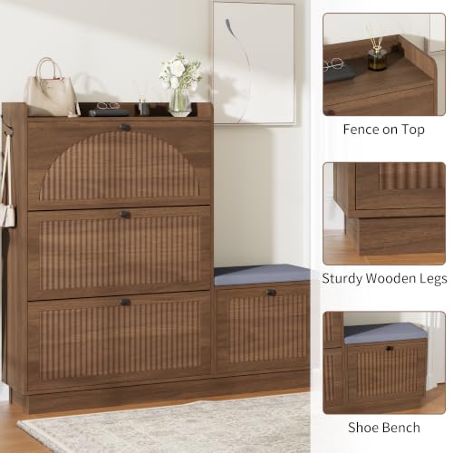 Image of Shoe Storage Cabinet with 2 Flip Drawers, Shoe Organizer Storage with Bench