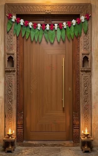 Image of S2S Artificial Mango Leaves Toran with Pink & White Flowers (1 Pcs) (40 Inch Length) | Hanging Toran for Main Door | for Wedding, Diwali, Ganpati, Pooja, Temple & Mandir Decor