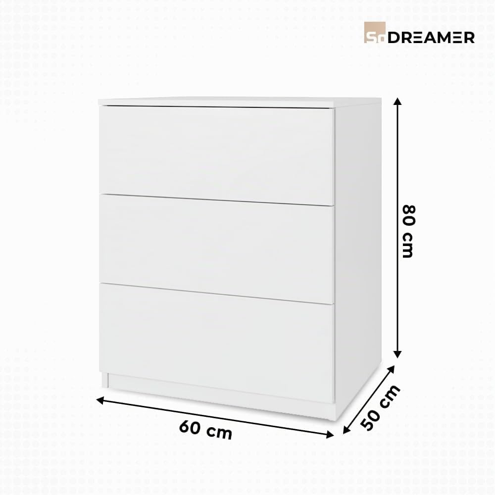 Kommode 3 Schubladen | Farbe: weiß | 80x60x50 cm | Schrank für Kleidung, Dokumente, kleine Gegenstände | Ideal für Schlafzimmer, Wohnzimmer, Kinderzimmer und Büro | 3 geräumige
