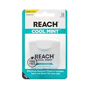 REACH Listerine Cool Mint Dental Floss, Fresh Mint, Plaque Remover for Teeth, Shred Resistant, Waxed, Easy on Gums & Teeth, Fresh Breath, Oral Care, PFAS Free, for Adults & Kids, 1 Pack, 55yd