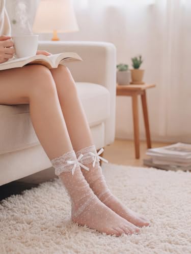 Image of Geyoga 4 Pair Women Lace Ankle Socks Sheer Mesh Slouch