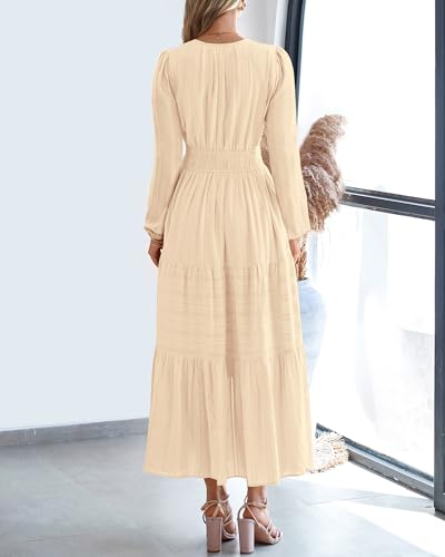 BTFBM Fall Dresses for Women 2025 Casual Long Sleeve V Neck Elastic Waist Lightweight Maxi Wedding Guest Dress Pockets